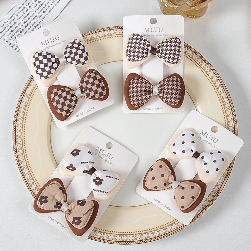 Coffee Colour Fabric Bow Hair Clips for Girls – Sweet Bread-Style Hairpins (2-Pack)