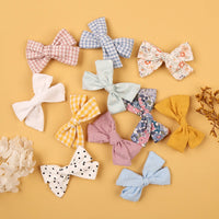 Cotton Linen Flower Print Hair Bow With Cloth Covered Clips Sweet Plain Solid BB Barrettes Hairpins Fashion Headwear