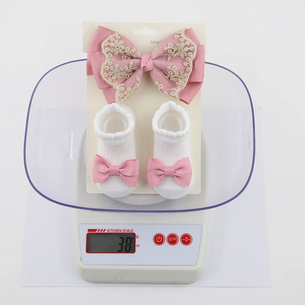 Baby Gold Thread Lace Ribbon Bow Headband and Sock Set Luxurious Baby Gift Including Comfy Socks