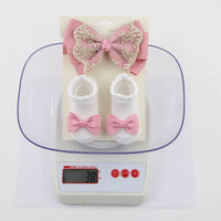 Baby Gold Thread Lace Ribbon Bow Headband and Sock Set Luxurious Baby Gift Including Comfy Socks