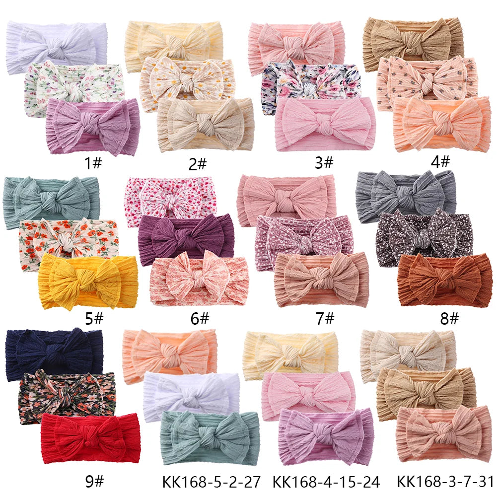 3Pcs/Set Braided Jacquard Floral Printed Soft Nylon Headband High Stretch Hairband Hair Bows Baby Girls Princess Hair Band