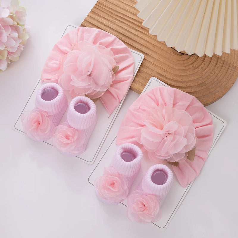 2Pcs/Set Baby Girl Pink Gauze Petal Flowers Turban Beanie with Girl Princess 0-12M Mesh Flower Cotton Socks Set