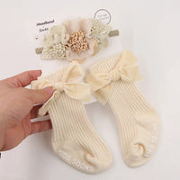 3Pcs/Set Vintage Lace Luxury Flower Headband With Cute Baby Striped Pure Cotton Non-Slip Bows Tube Socks Sets