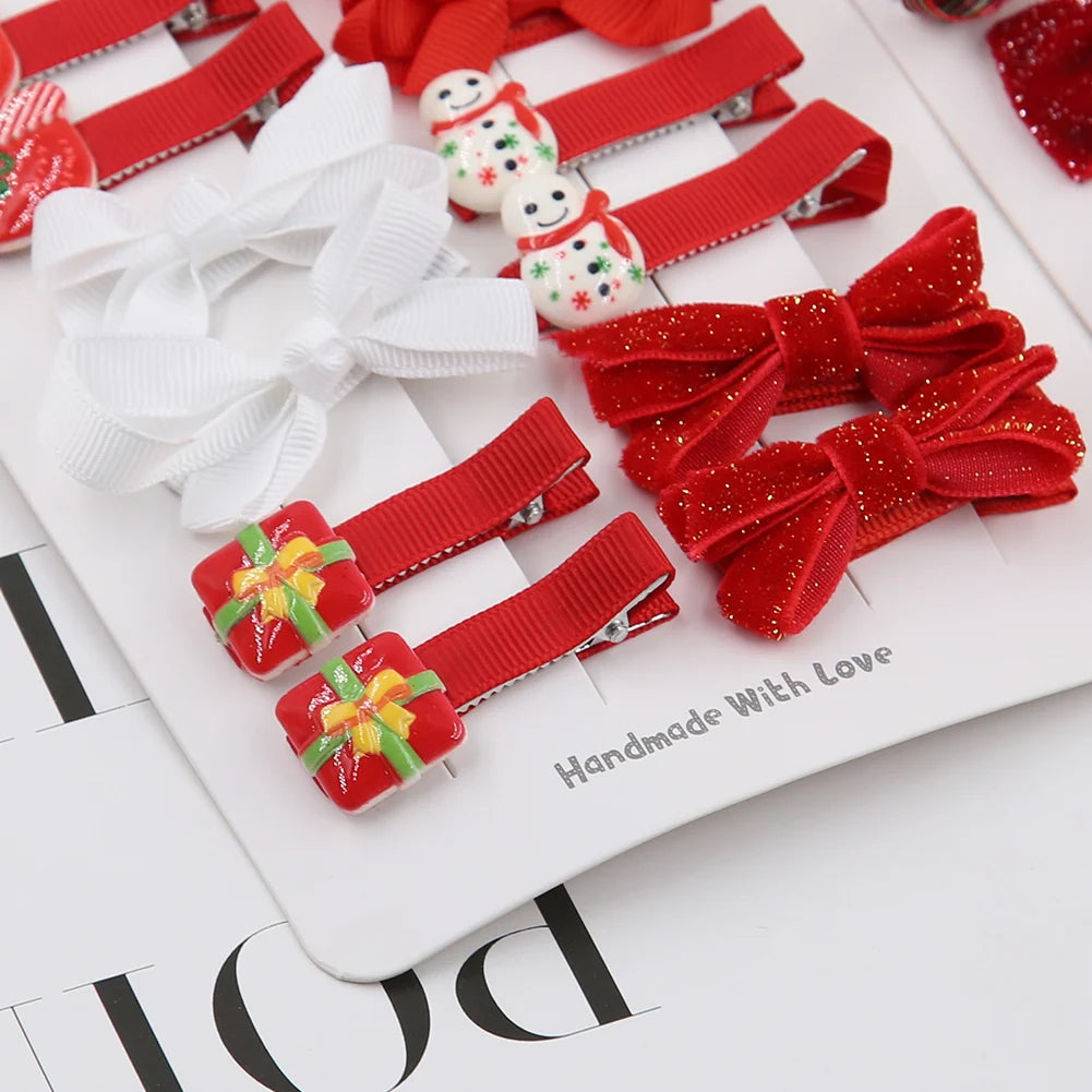 10PCS Christmas Baby Girls Hair Clips Ribbon Santa Claus Gift Socks Tree Resin Hair Bows Xmas Dance Party Hairpins Set
