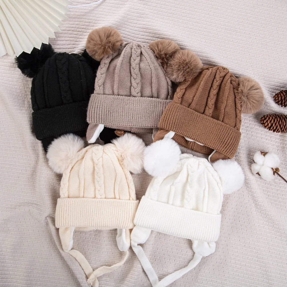 Baby Knitted Pom Pom Beanie — Ear Flap, Unisex 0–3Y