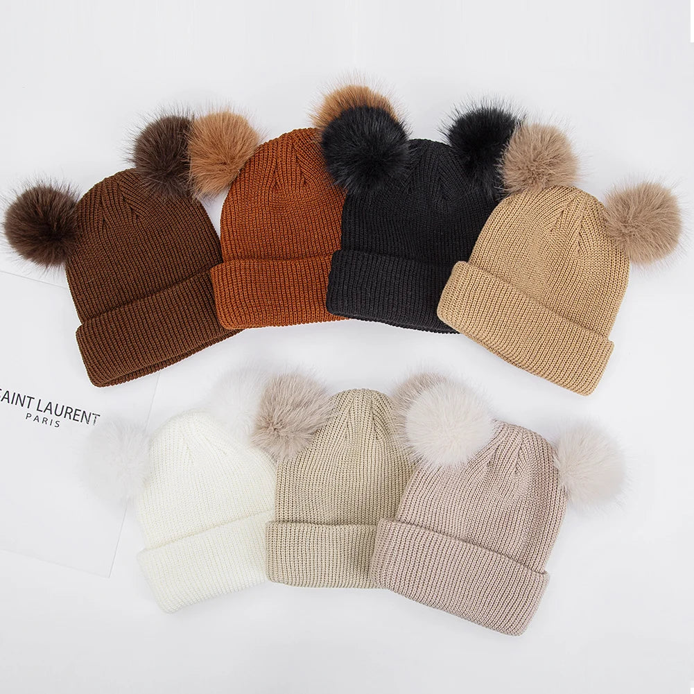 Kids Double Pom Pom Knit Beanie — Warm, 3–10Y