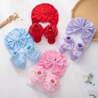 2Pcs/Set Solid Cotton Big Bow Hat Baby Kids Soft Comfortable Turban with Flower Socks Head Wraps Toddler Accessories