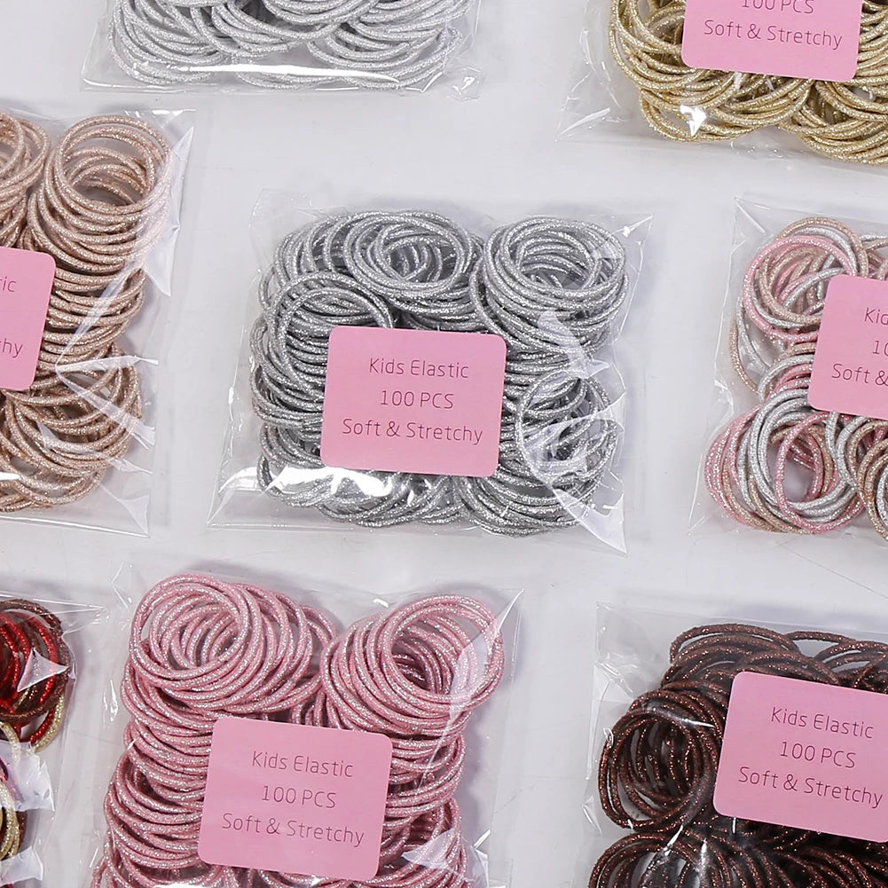 Wholesale 100Pcs Top Selling High Quality 3CM Glitter Kids Round Elastic Hair Ties Rubber Bands Rope