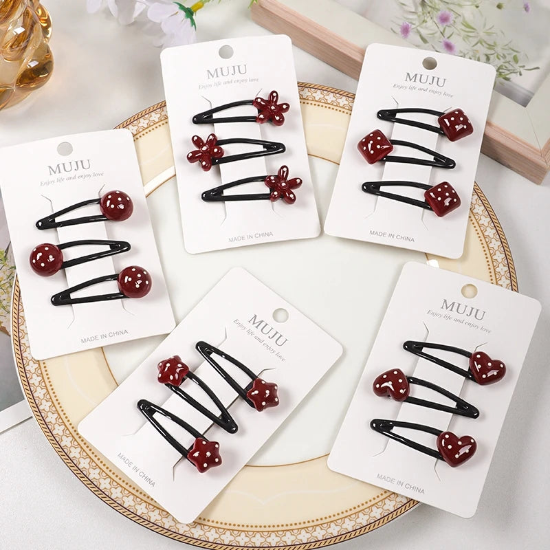 Red & Black Dripping Oil Hair Clips – Star, Heart & Butterfly Hairpins (3-Piece Set)