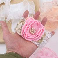 Hot Selling Newborn Floral Photography Props Soft Elastic Hair Band Casual Knitted Pearl Rhinestone Lace Headbands Socks Set