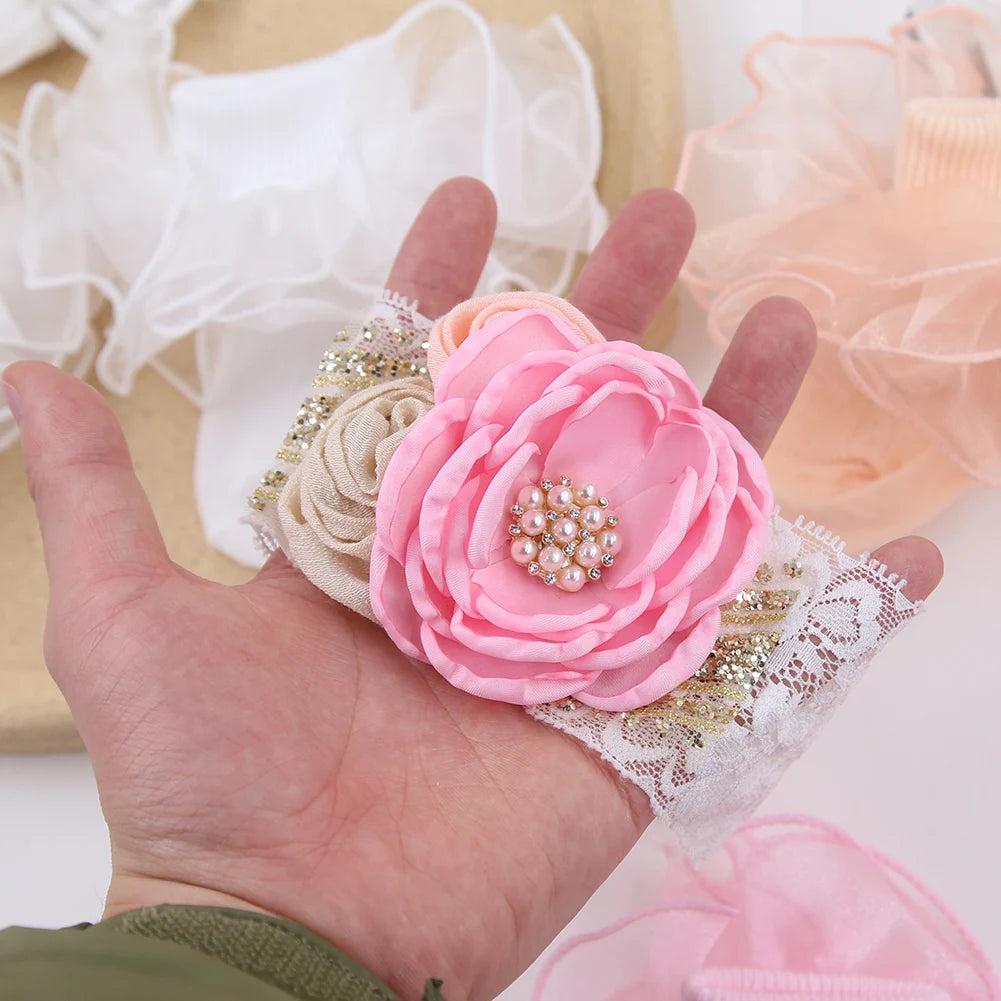 Hot Selling Newborn Floral Photography Props Soft Elastic Hair Band Casual Knitted Pearl Rhinestone Lace Headbands Socks Set
