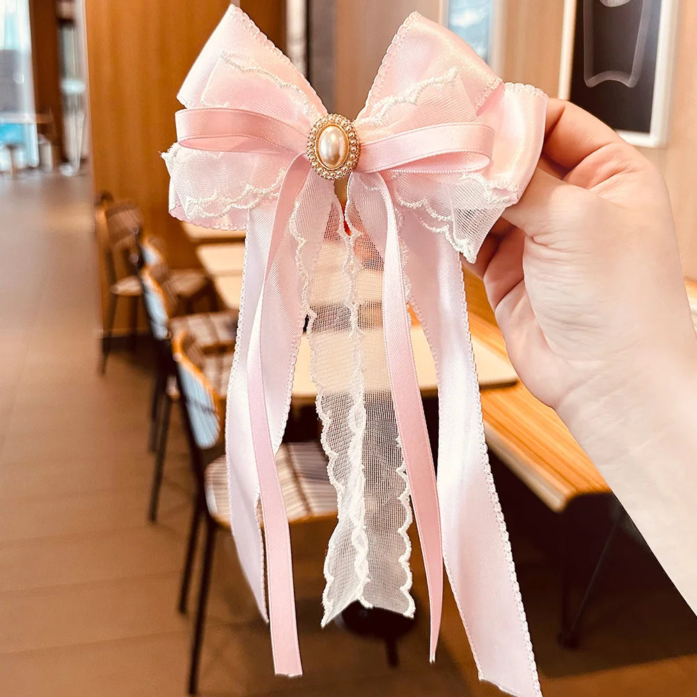 New Fashion Boutique DIY Baby Girl Vintage Ribbon Lace Hair Clips School Uniform Bow Pearl Wedding Party Girl Hair Pin