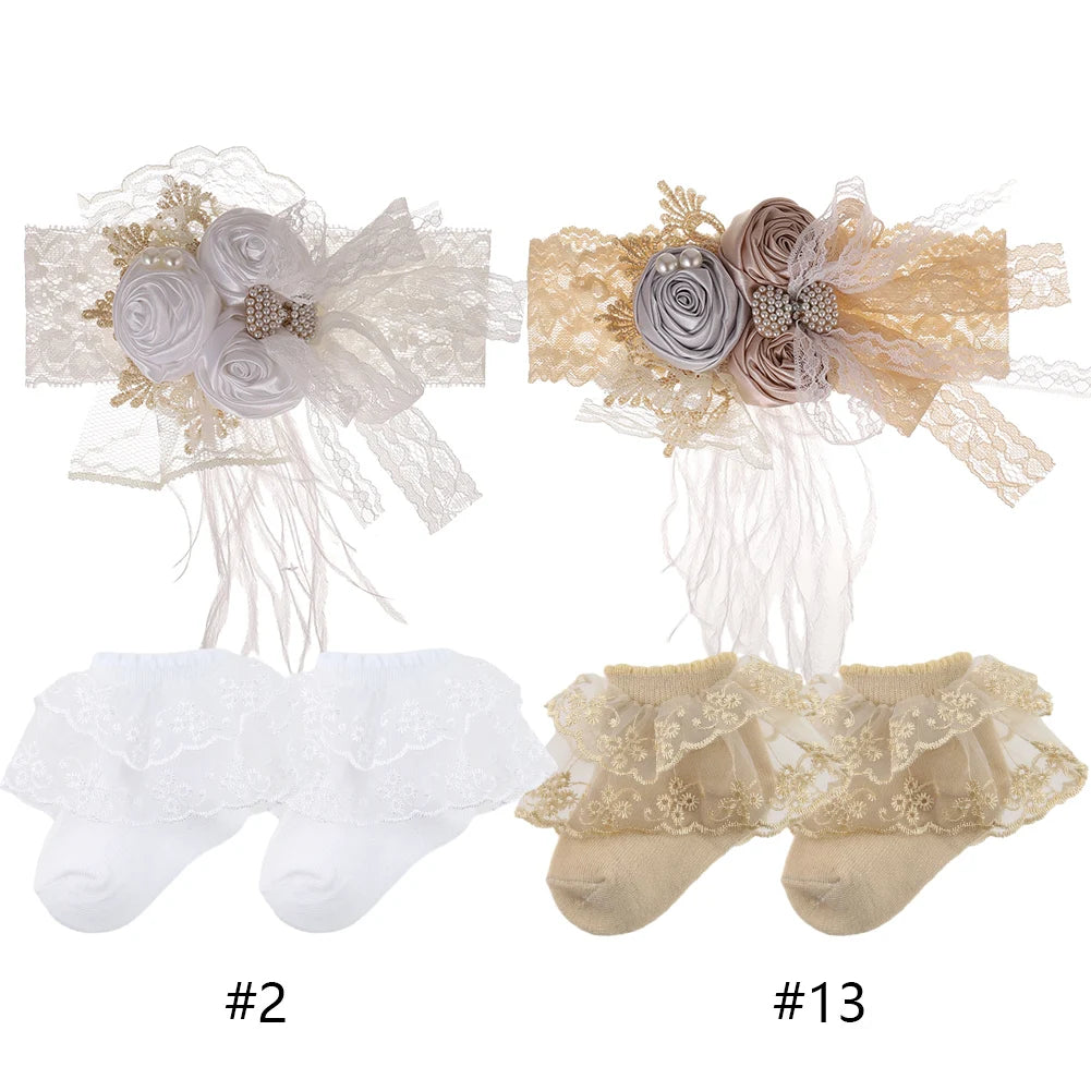 New Arrive White Lace Socks and Headband Set Baby White Headband for Baptism Princess Hair Accessories
