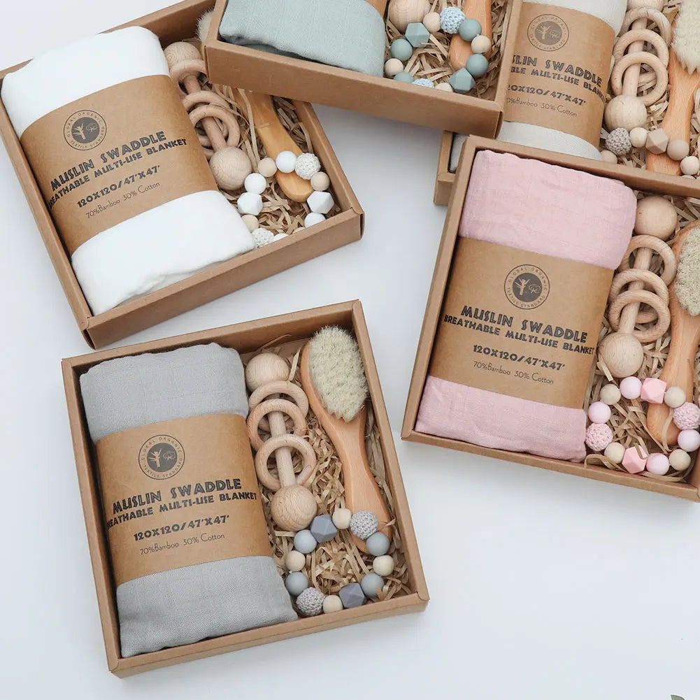 Baby Boys Girls Beech Wood Rattles Toys With Newborn Wool Brush Bamboo Organic Muslin Swaddle Gift Set