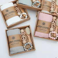 Baby Boys Girls Beech Wood Rattles Toys With Newborn Wool Brush Bamboo Organic Muslin Swaddle Gift Set