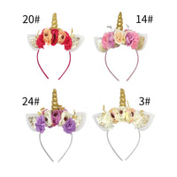 Gold Unicorn Horn Headband Floral Crown Hair Band for Kids Baby Girl Hair Accessory Photo Prop