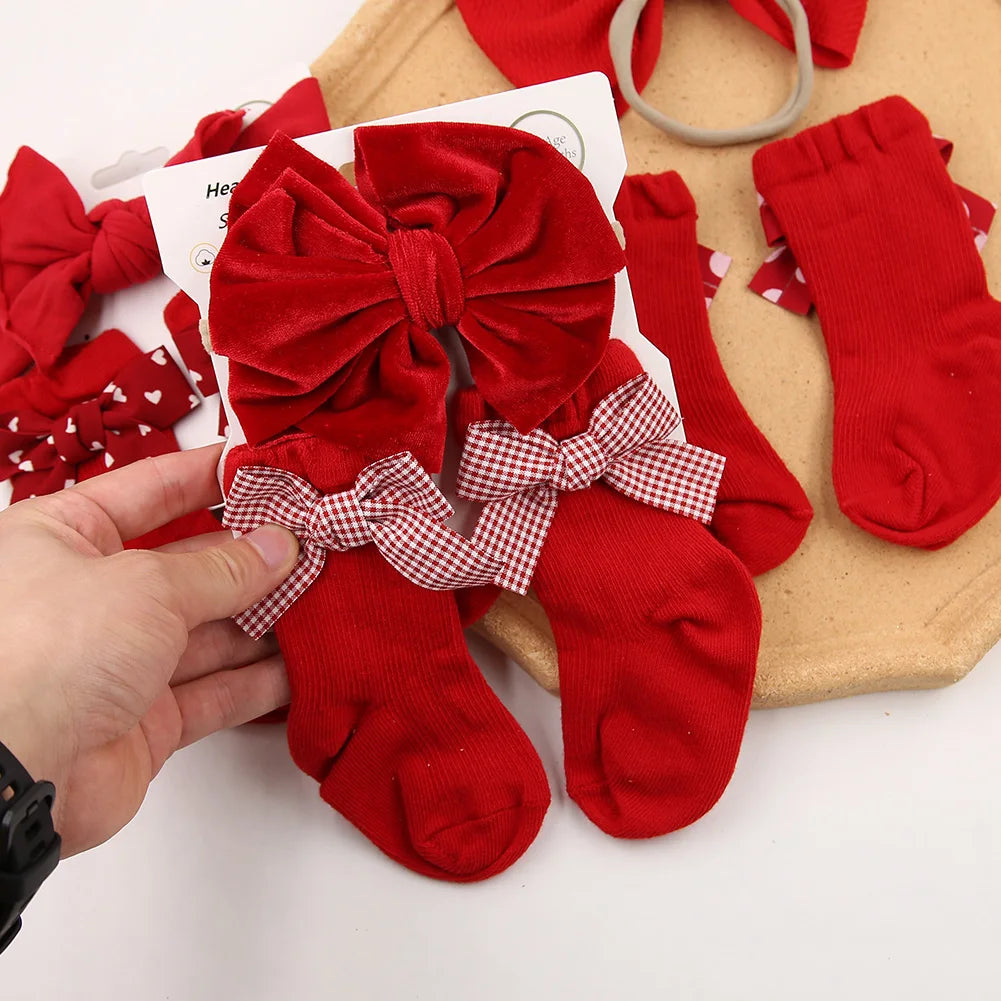 Christmas New Year Red Bow Headbands Set With Super Soft Cotton Knitted Socks for Babies and Sweet Girls Wholesale