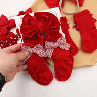 Christmas New Year Red Bow Headbands Set With Super Soft Cotton Knitted Socks for Babies and Sweet Girls Wholesale