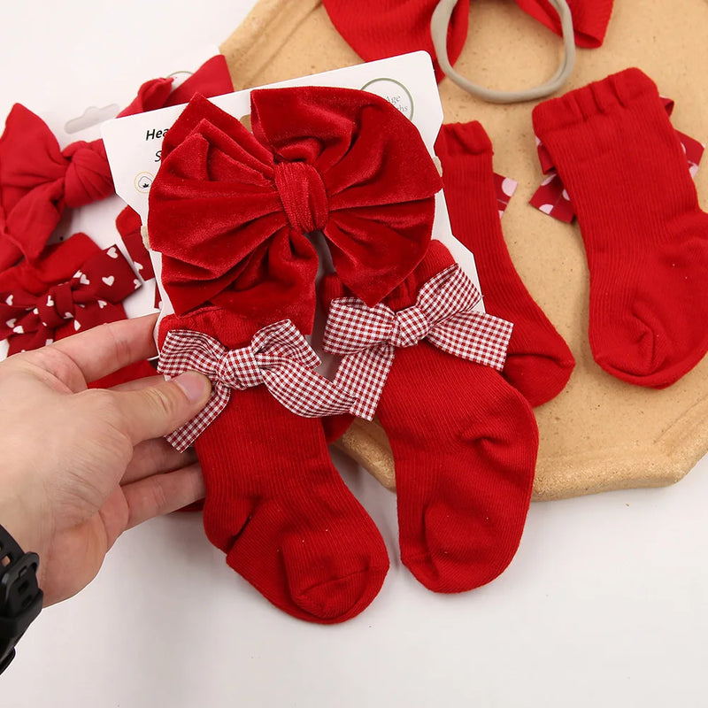 Christmas New Year Red Bow Headbands Set With Super Soft Cotton Knitted Socks for Babies and Sweet Girls Wholesale
