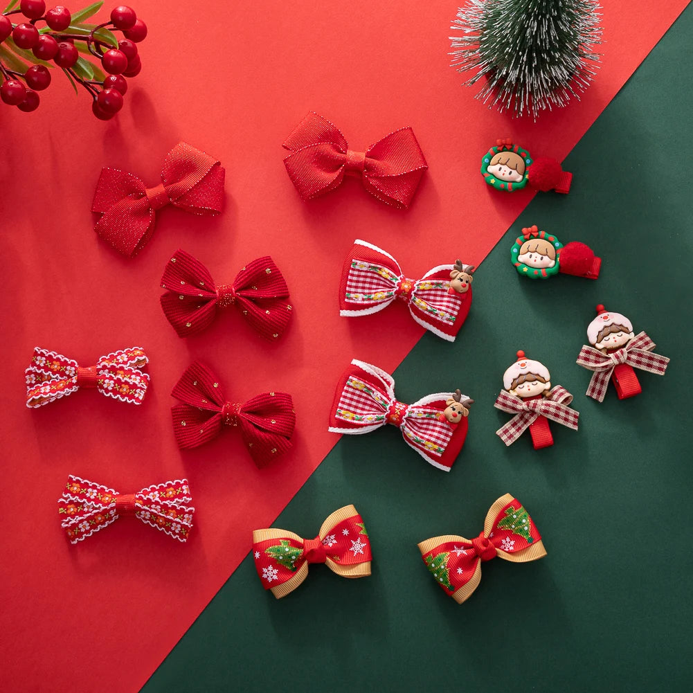 2PCS Christmas Hairgrips New Year Red Hair Bows Clips Set Ribbon Snowflake Little Girls Resin Hairpins