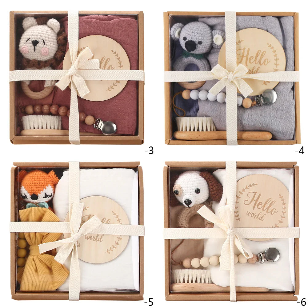 6pcs Animal Rattles Gift Box New Design Wooden Crochet Lion Bells Music Teething Bracelet Pacifier Dummy Clips Baby Products Toy