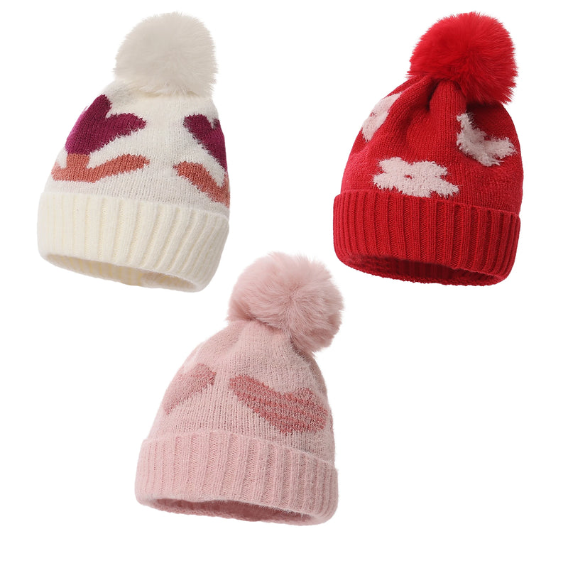 Kids Heart Pattern Pom Pom Beanie — Knitted, Girls 3–6Y