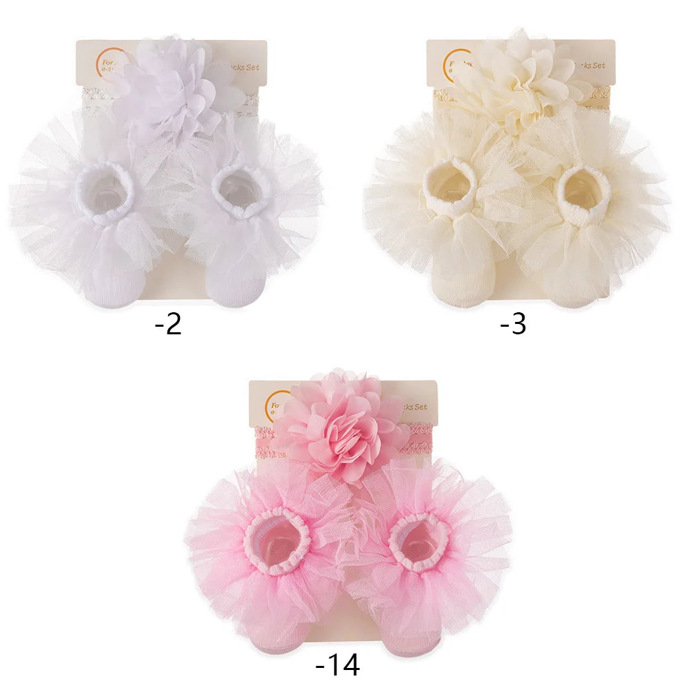 2Pcs/Set 0-12M Chiffon Flower Bowknot Headband With Tulle Trim Cotton Socks Set Baby Girl Hair Accessories
