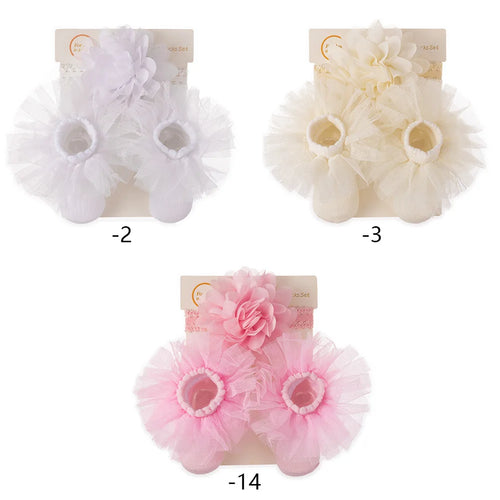 2Pcs/Set 0-12M Chiffon Flower Bowknot Headband With Tulle Trim Cotton Socks Set Baby Girl Hair Accessories