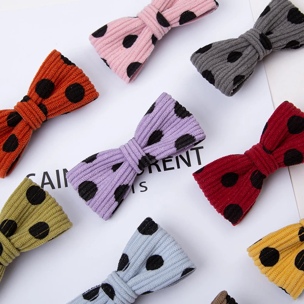 Corduroy Dot Bow Hair Clips for Girls — Handmade Snap