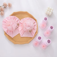 2Pcs/Set Baby Girl Pink Gauze Petal Flowers Turban Beanie with Girl Princess 0-12M Mesh Flower Cotton Socks Set