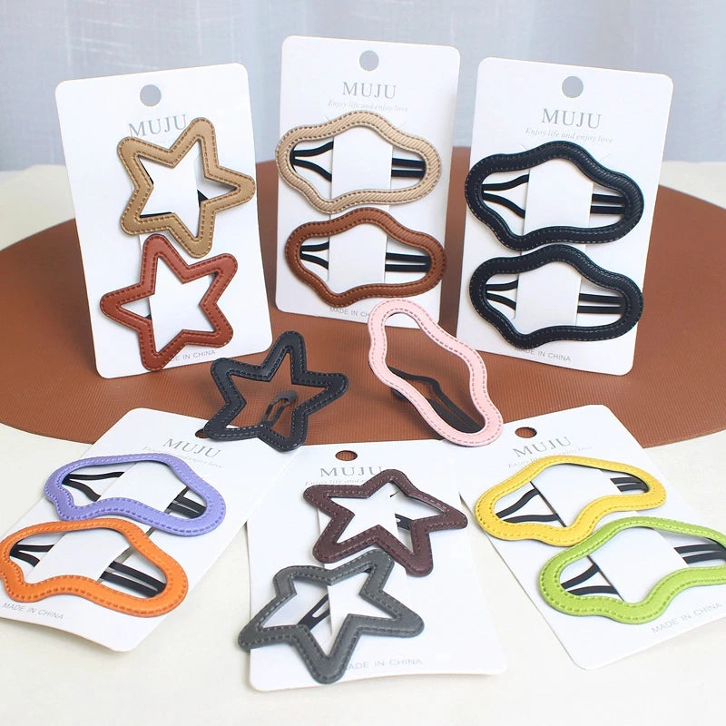 Korean Cloud & Star Snap Hair Clips – PU Leather Hairpins for Women (2-Piece Set)