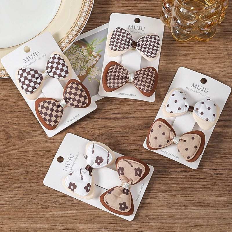 Coffee Colour Fabric Bow Hair Clips for Girls – Sweet Bread-Style Hairpins (2-Pack)