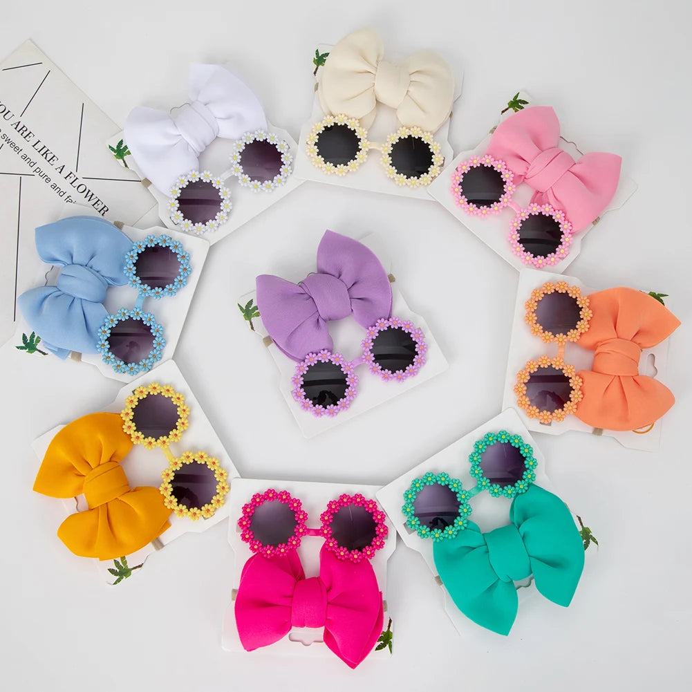 UV400 Daisy Sunglasses Set Kids Unisex Baby Beach Photo Accessories White Red Heart Style Frames Fashion Bow Hairband Glasses