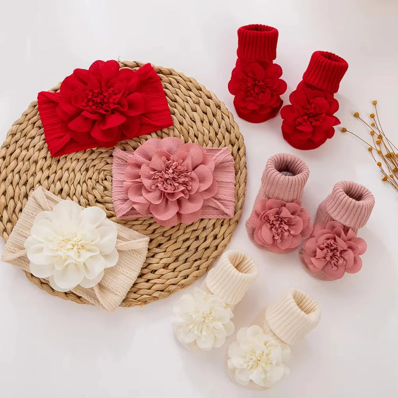 Designer Baby Girls Princess Socks Set with Tulle Trim Flower Hair Band Toddler Dance Spring Summer Accessories