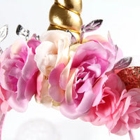 Gold Unicorn Horn Headband Floral Crown Hair Band for Kids Baby Girl Hair Accessory Photo Prop