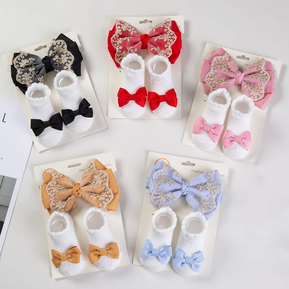 Baby Gold Thread Lace Ribbon Bow Headband and Sock Set Luxurious Baby Gift Including Comfy Socks