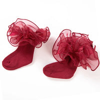 3Pcs Wine Red Super Soft Chiffon Tutu Bloomers with Baby Flower Vintage Headband Socks Set Newborn Photography Props
