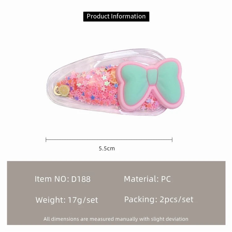 Candy Colour Quicksand Hair Clips for Kids – Transparent Cartoon Bowknot Hairpins (2 Pairs)