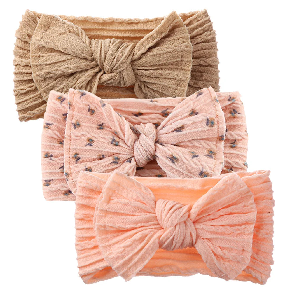 3Pcs/Set Braided Jacquard Floral Printed Soft Nylon Headband High Stretch Hairband Hair Bows Baby Girls Princess Hair Band