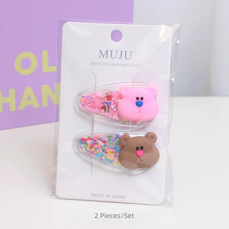Candy Colour Quicksand Hair Clips for Kids – Transparent Cartoon Bowknot Hairpins (2 Pairs)
