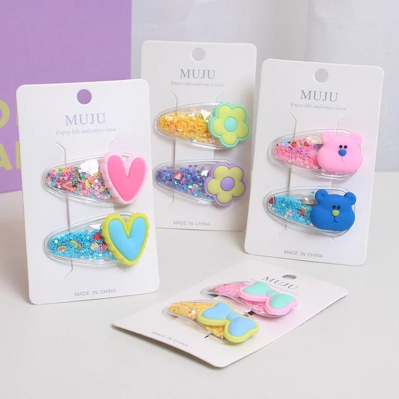 Candy Colour Quicksand Hair Clips for Kids – Transparent Cartoon Bowknot Hairpins (2 Pairs)