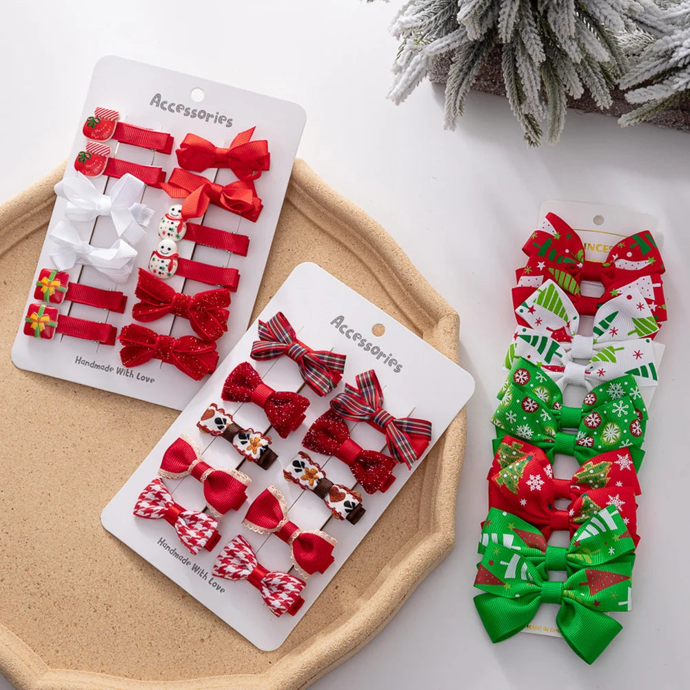 10PCS Christmas Baby Girls Hair Clips Ribbon Santa Claus Gift Socks Tree Resin Hair Bows Xmas Dance Party Hairpins Set