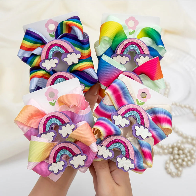 2Pcs/Set Double Layers Pastel Rainbow Printed Grosgrain Ribbon Hair Bows Cute Baby Bow Alligator Hair Clips