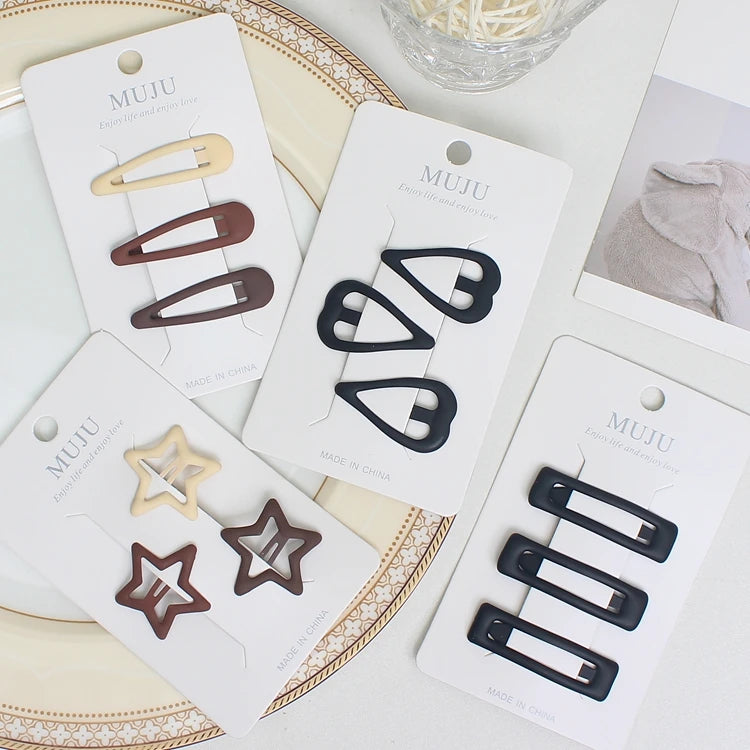 Frosted Metal BB Hair Clips – Drop & Heart Side Bangs Hairpins (3-Piece Set)