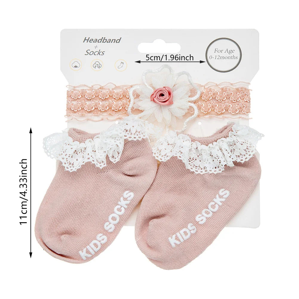 High Quality Elastic Baby Cotton Socks Headband Set Floral Lace Anti-Slip Casual Socks Spring Newborn Baby Accessories Wholesale