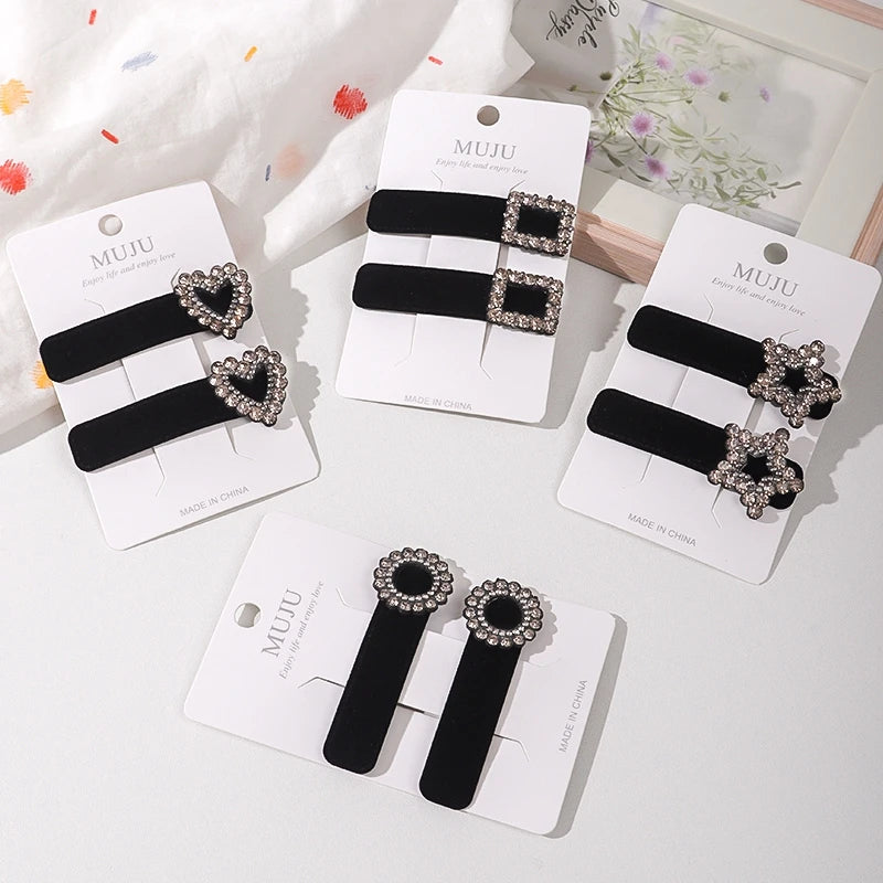 Black Velvet Rhinestone Star BB Hair Clips – Luxe Side Fringe Hairpins (2-Pack)