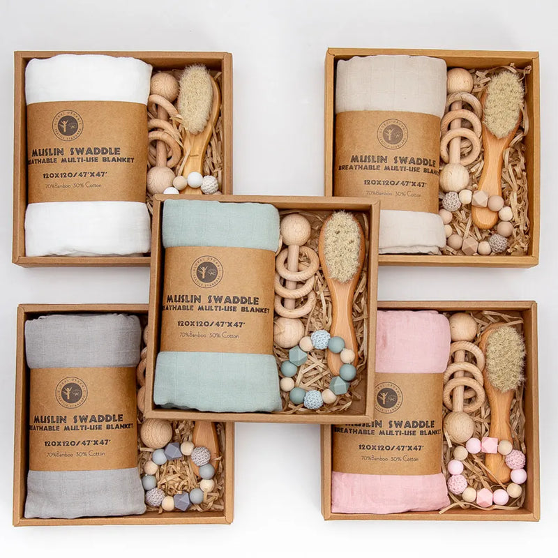 Baby Boys Girls Beech Wood Rattles Toys With Newborn Wool Brush Bamboo Organic Muslin Swaddle Gift Set