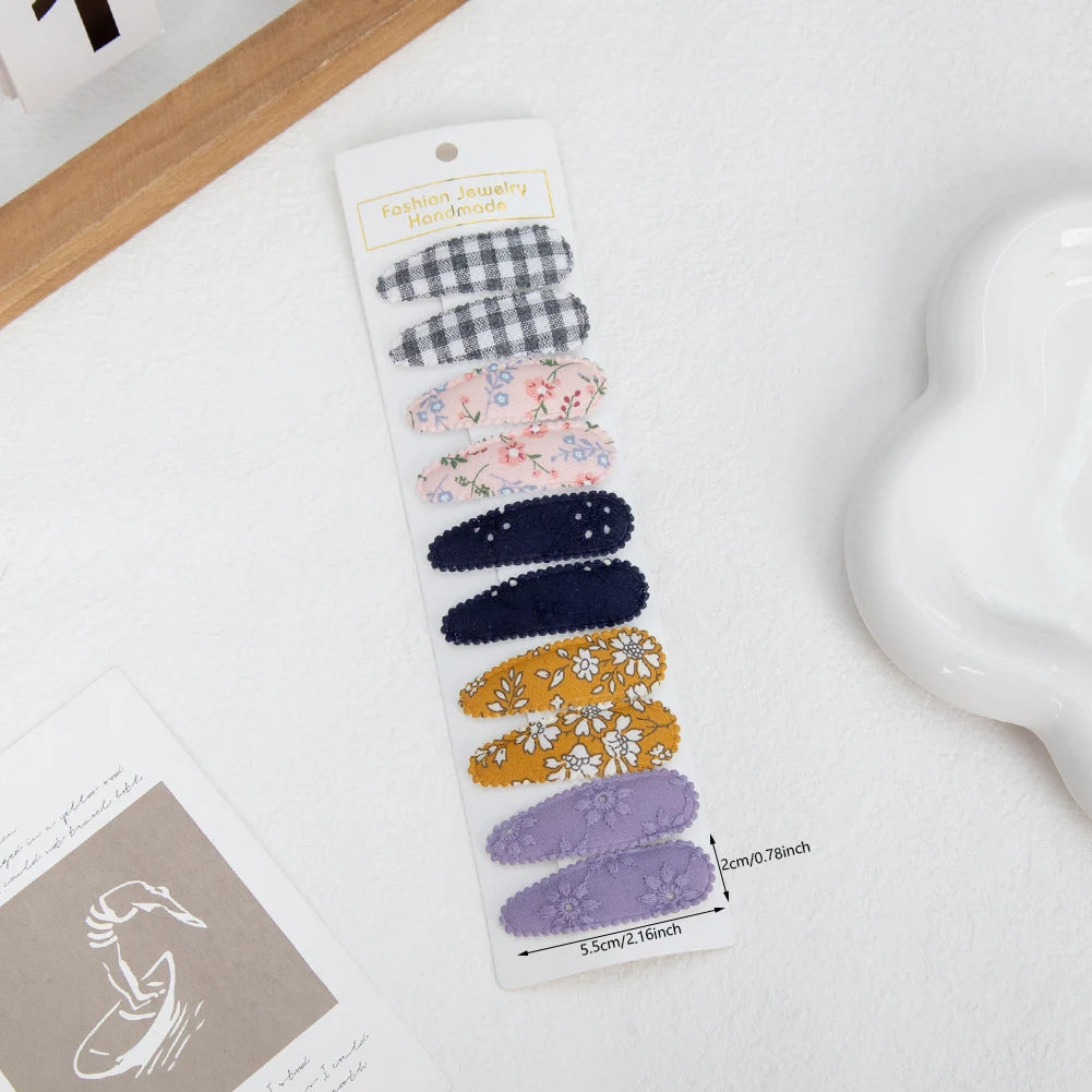 10Pcs Floral Printed Embroidery Cotton Hair Clips Barrettes Hairpins Snap BB Clips Hair Bows for Girls Hair Accessories Set
