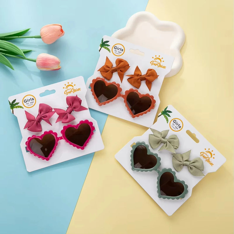 2025 New 3-Piece Photography Accessories Sweet Solid Resin Glasses Ribbon Hair Clip Set with Heart Shaped Sunglasses
