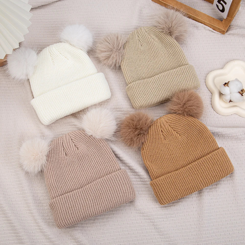 Kids Double Pom Pom Knit Beanie — Warm, 3–10Y